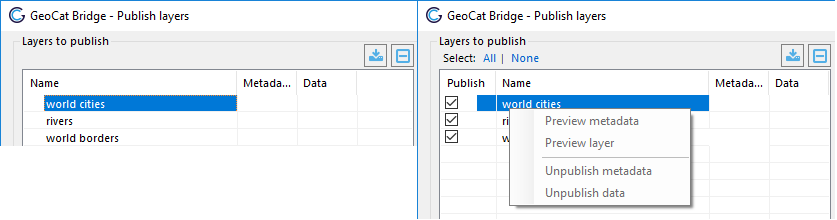 Publish wizard in managed workspace mode (left) and in regular mode (right)