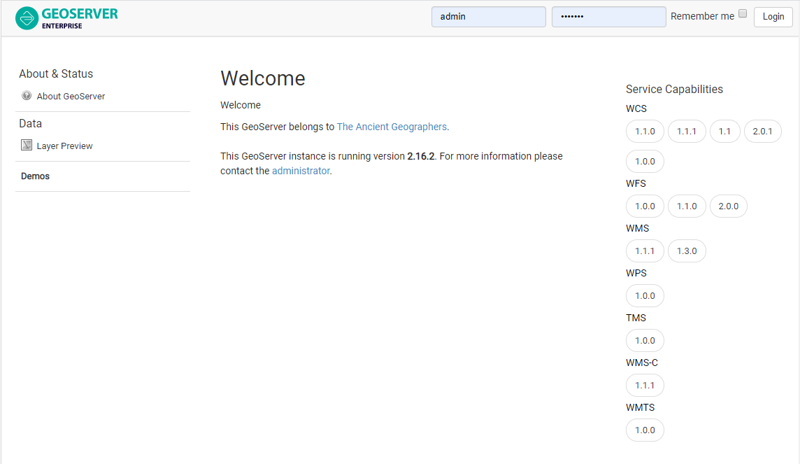 GeoServer administration web page