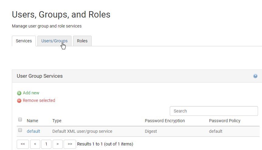 User, groups and roles page