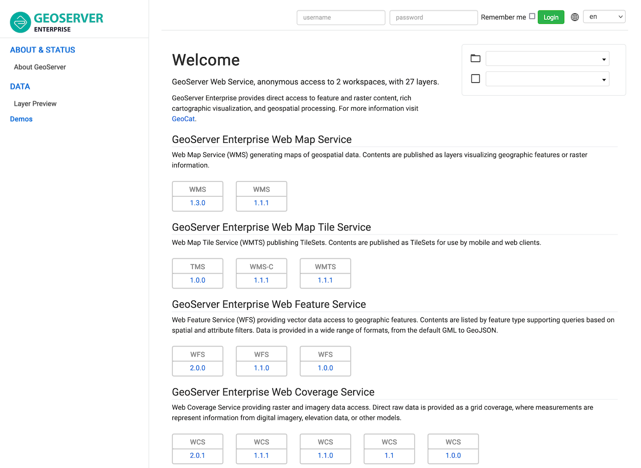 GeoServer administration web page